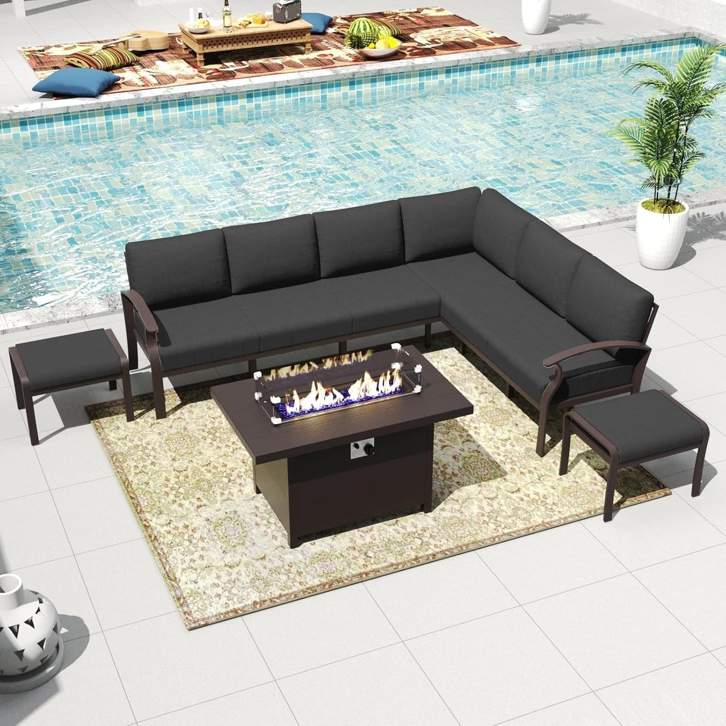 Set di divani angolari in alluminio, set di divani combinati per esterni da patio con braccioli e poggiapiedi