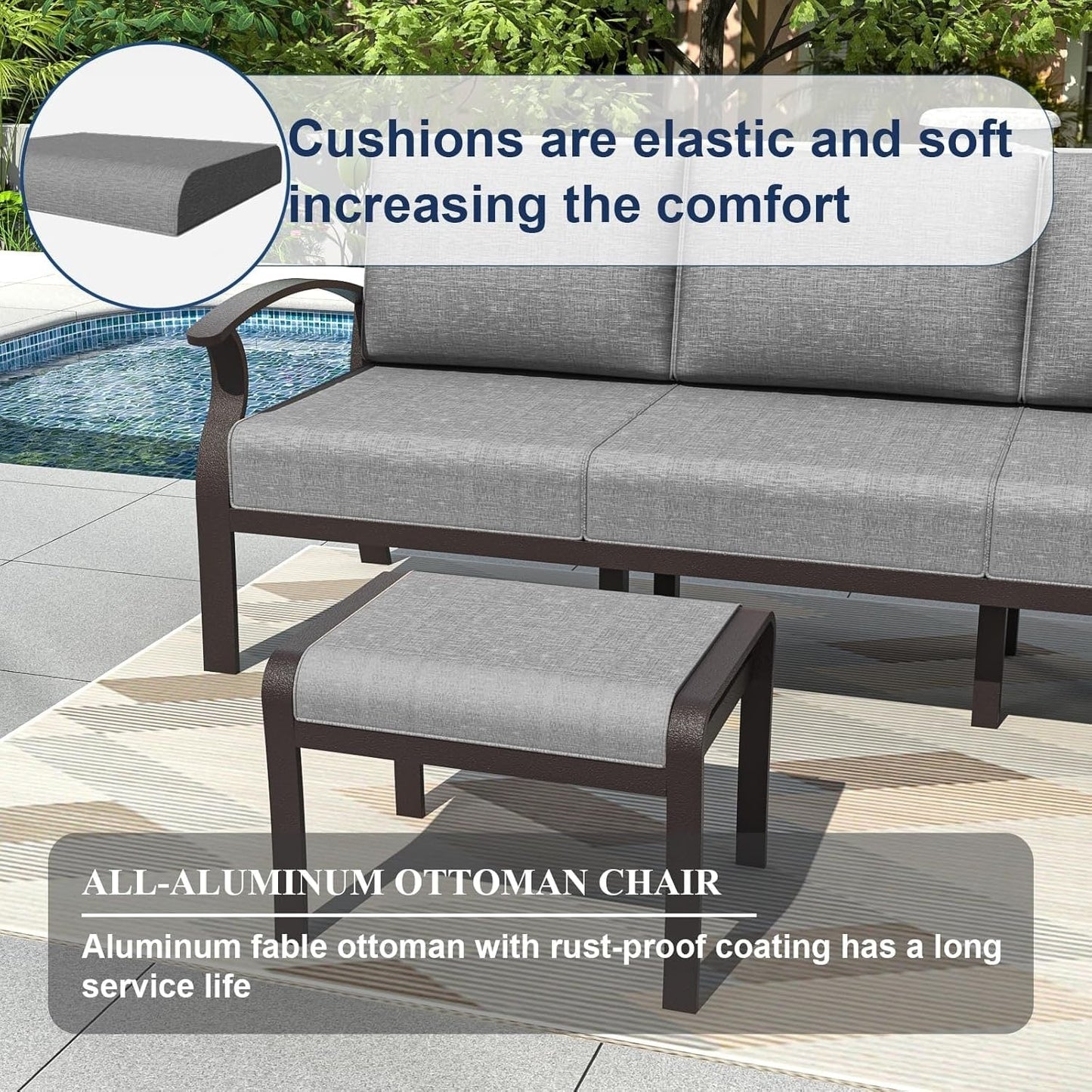 Set di divani angolari in alluminio, set di divani combinati per esterni da patio con braccioli e poggiapiedi