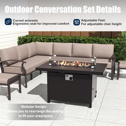 Set di divani angolari in alluminio, set di divani combinati per esterni da patio con braccioli e poggiapiedi