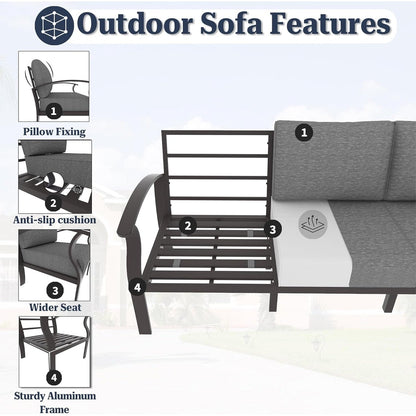 Set di divani angolari in alluminio, set di divani combinati per esterni da patio con braccioli e poggiapiedi