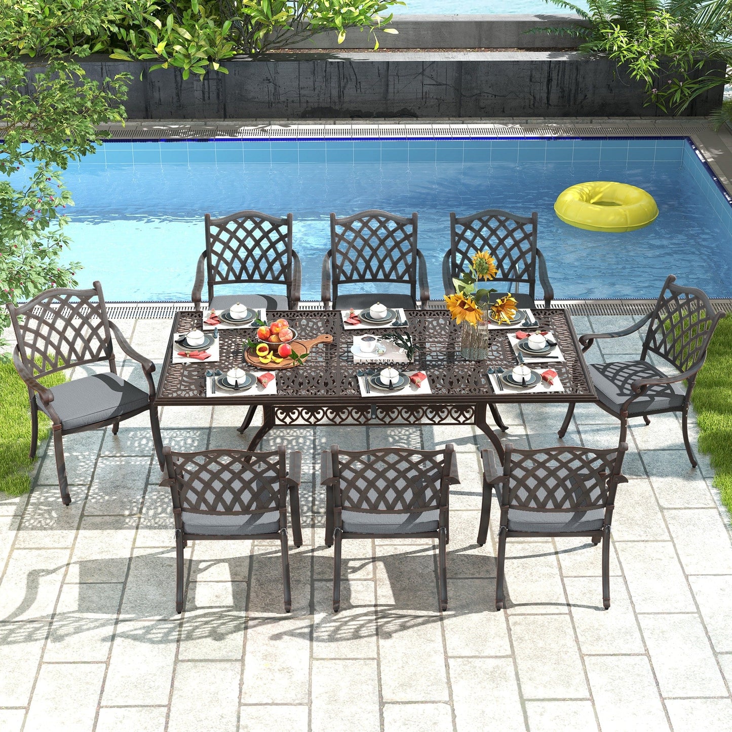 Set da pranzo rettangolare da esterno in alluminio da 9 pezzi con cuscini e foro per ombrellone