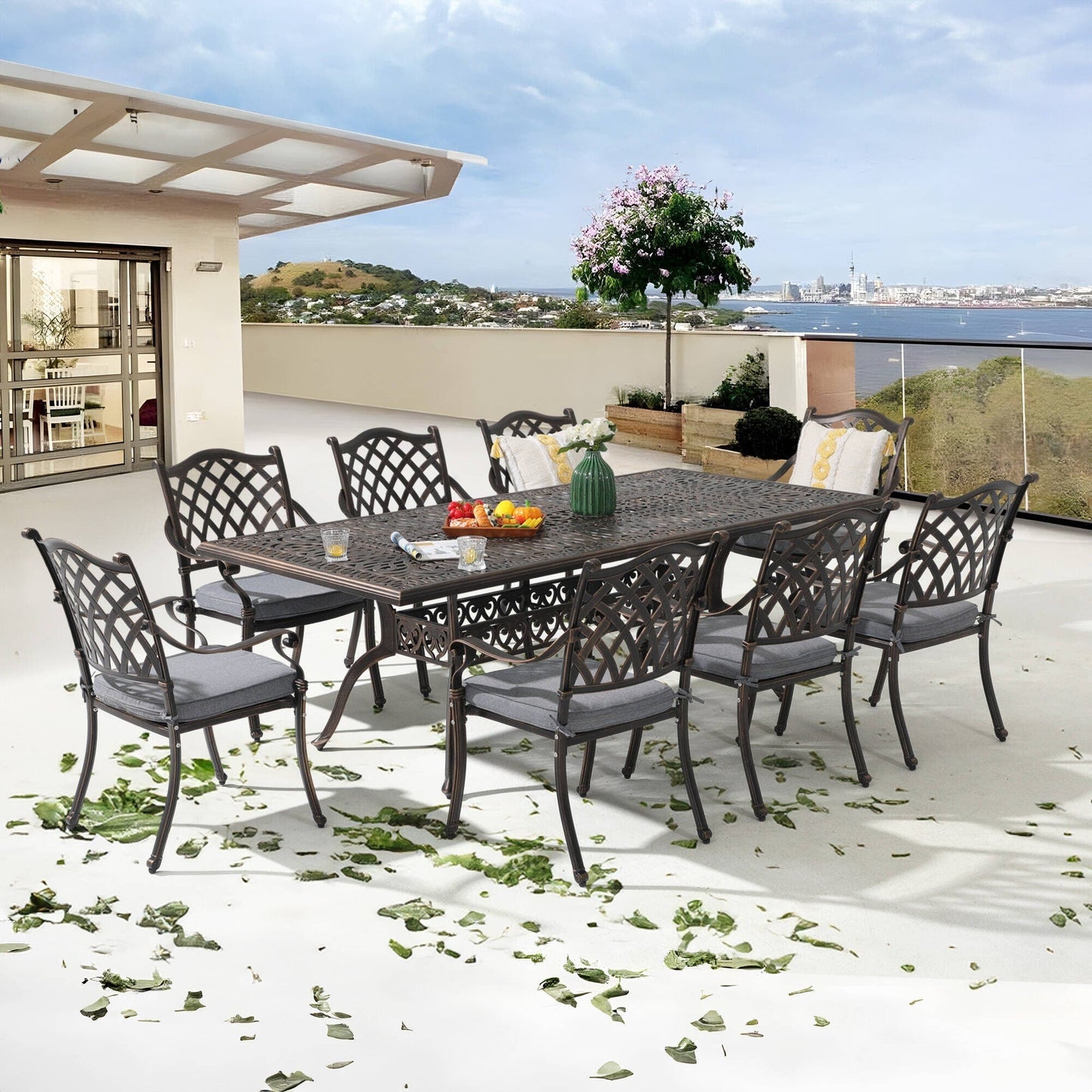 Set da pranzo rettangolare da esterno in alluminio da 9 pezzi con cuscini e foro per ombrellone