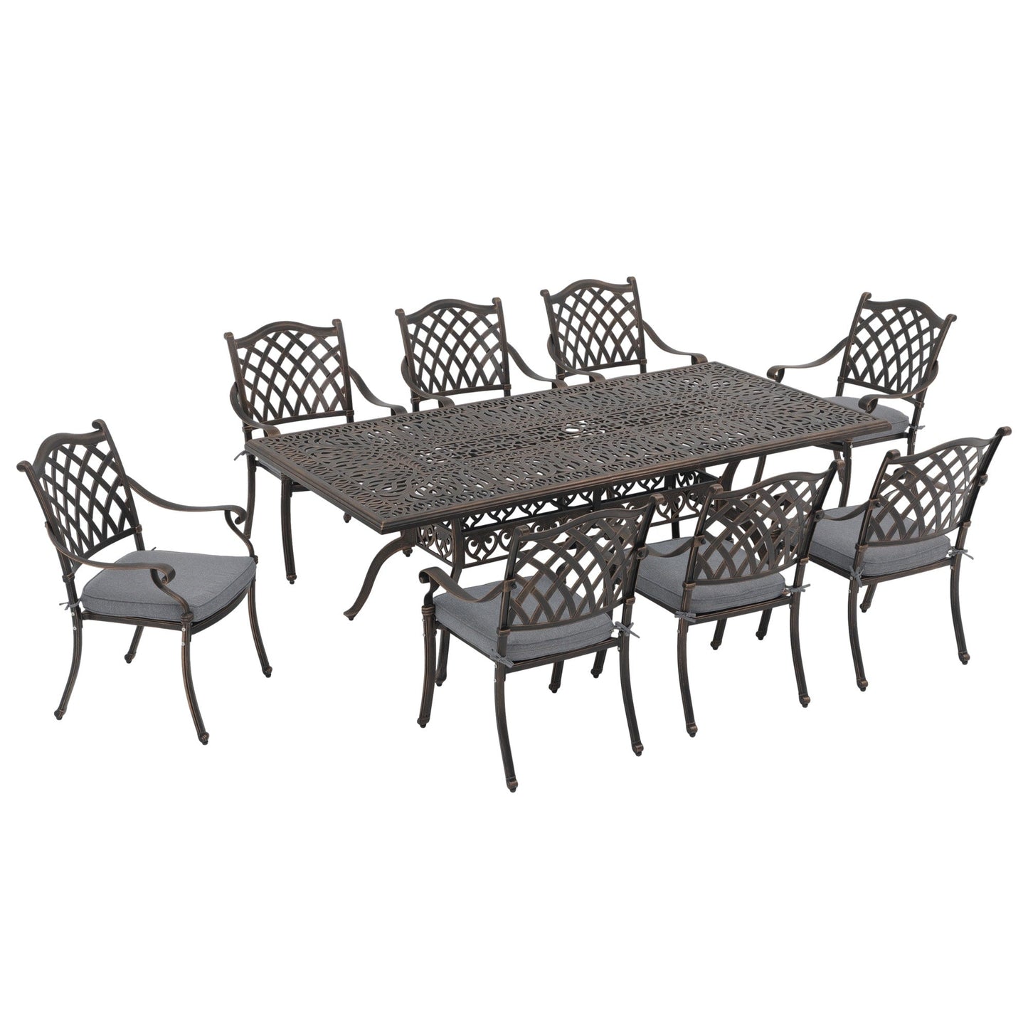 Set da pranzo rettangolare da esterno in alluminio da 9 pezzi con cuscini e foro per ombrellone