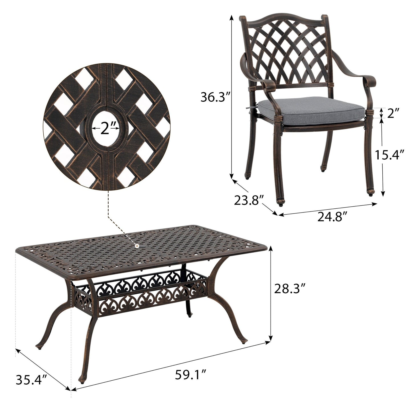 Set da pranzo rettangolare da esterno in alluminio da 9 pezzi con cuscini e foro per ombrellone