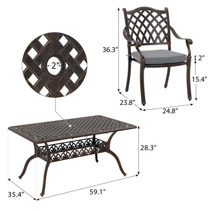 Set da pranzo rettangolare da esterno in alluminio da 9 pezzi con cuscini e foro per ombrellone