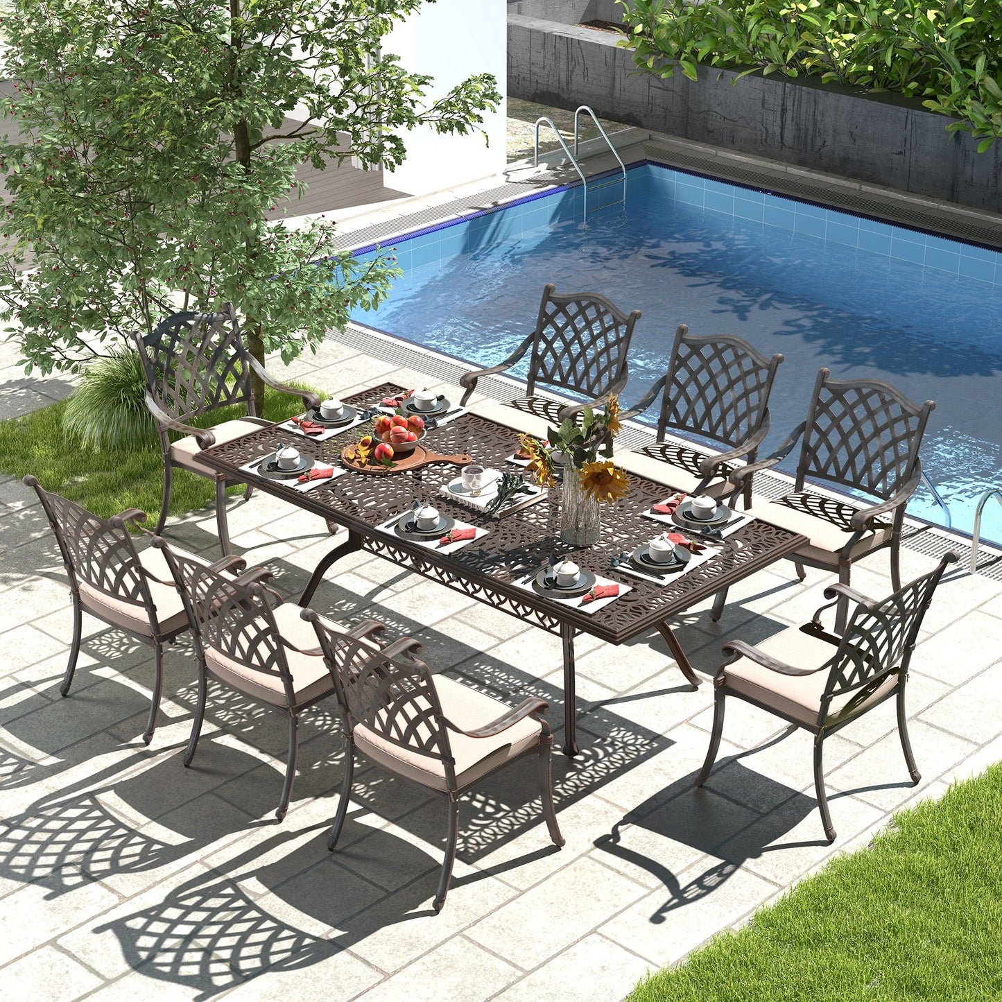 Set da pranzo rettangolare da esterno in alluminio da 9 pezzi con cuscini e foro per ombrellone