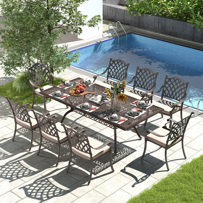 Set da pranzo rettangolare da esterno in alluminio da 9 pezzi con cuscini e foro per ombrellone