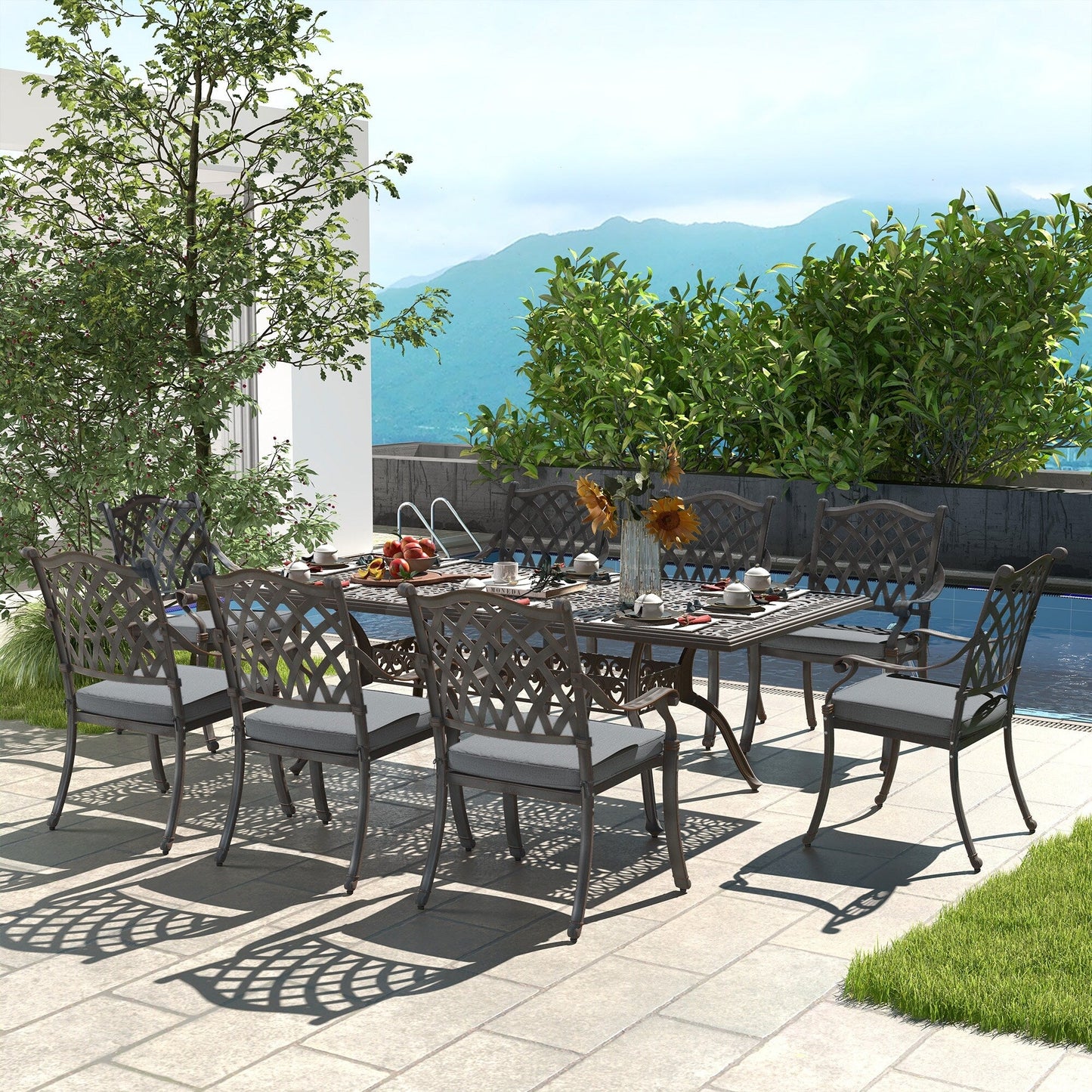 Set da pranzo rettangolare da esterno in alluminio da 9 pezzi con cuscini e foro per ombrellone