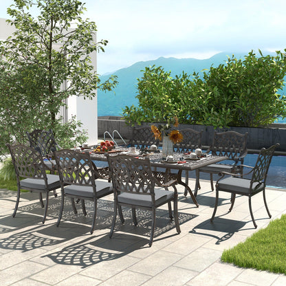 Set da pranzo rettangolare da esterno in alluminio da 9 pezzi con cuscini e foro per ombrellone