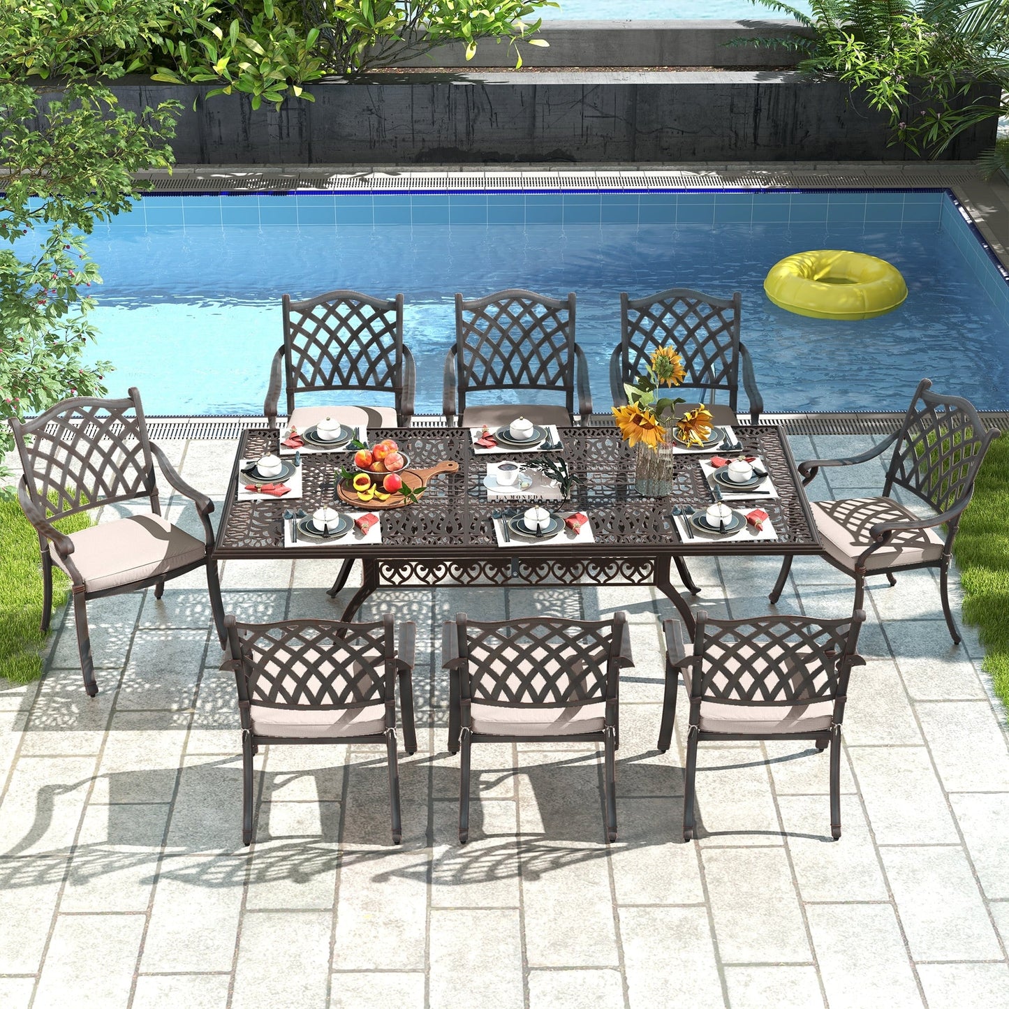 Set da pranzo rettangolare da esterno in alluminio da 9 pezzi con cuscini e foro per ombrellone