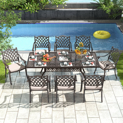 Set da pranzo rettangolare da esterno in alluminio da 9 pezzi con cuscini e foro per ombrellone