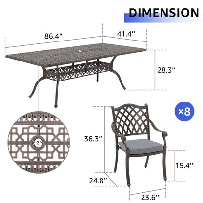 Set da pranzo rettangolare da esterno in alluminio da 9 pezzi con cuscini e foro per ombrellone