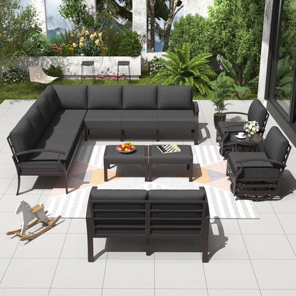 Set di divani angolari in alluminio, set di divani combinati per esterni da patio con braccioli e poggiapiedi