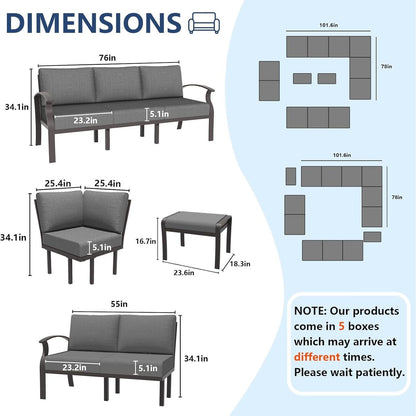 Set di divani angolari in alluminio, set di divani combinati per esterni da patio con braccioli e poggiapiedi