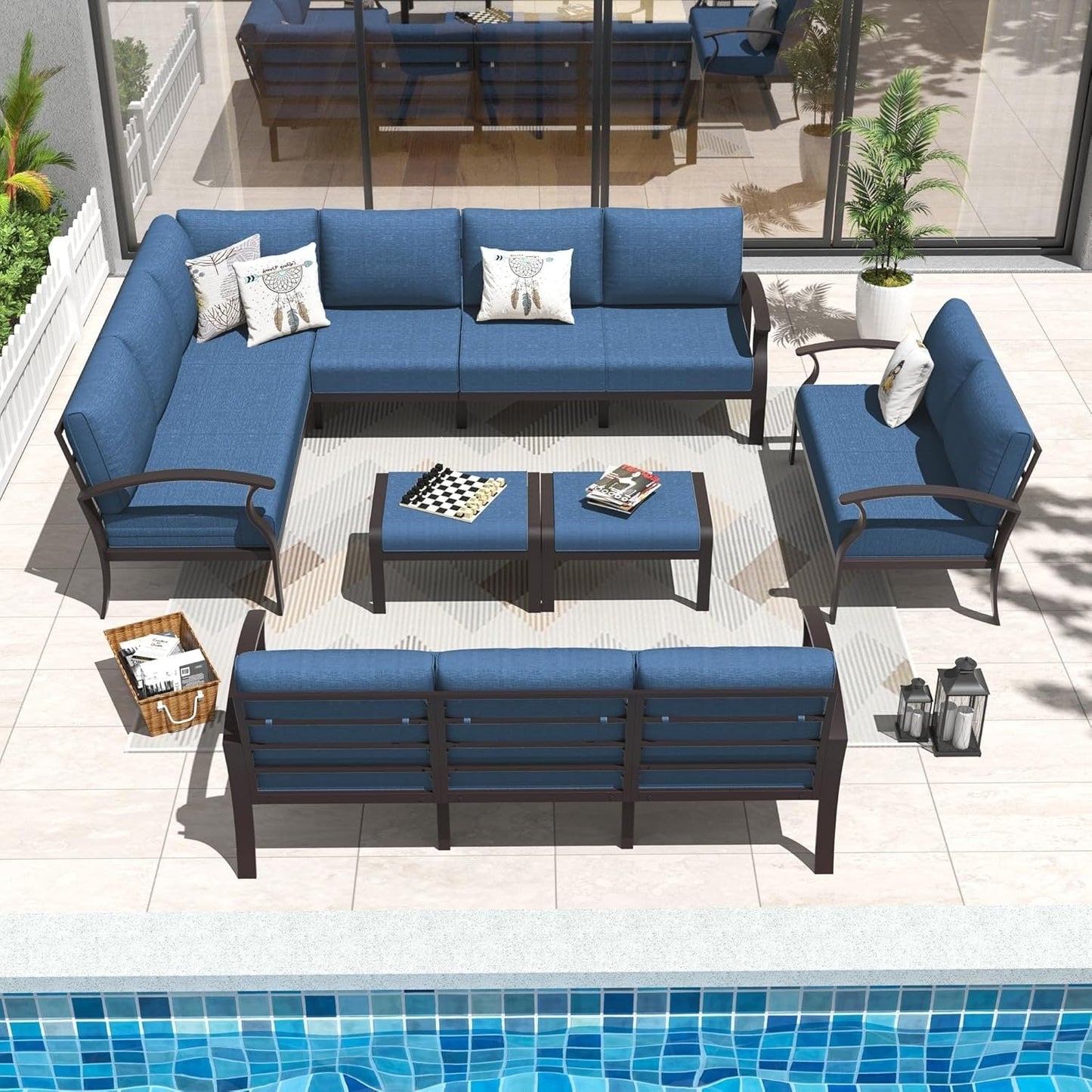 Set di divani angolari in alluminio, set di divani combinati per esterni da patio con braccioli e poggiapiedi