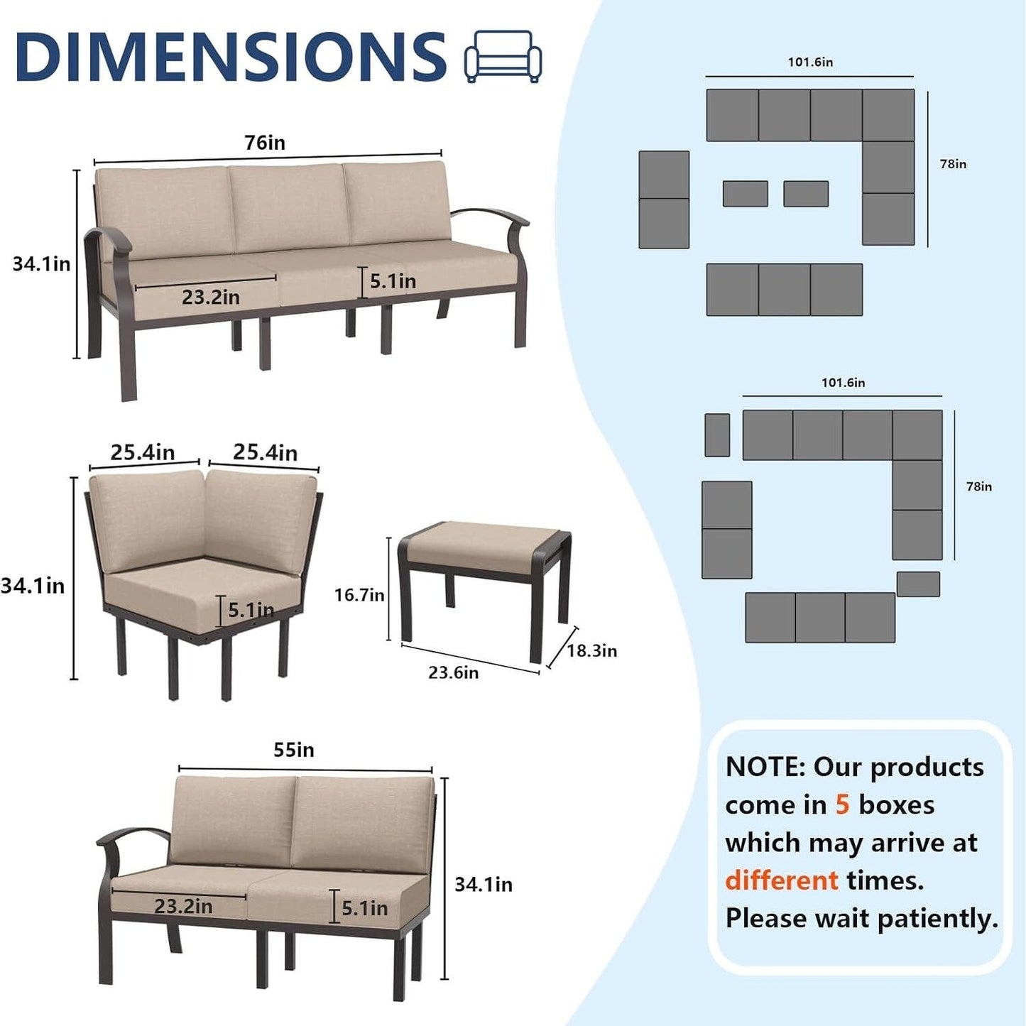 Set di divani angolari in alluminio, set di divani combinati per esterni da patio con braccioli e poggiapiedi