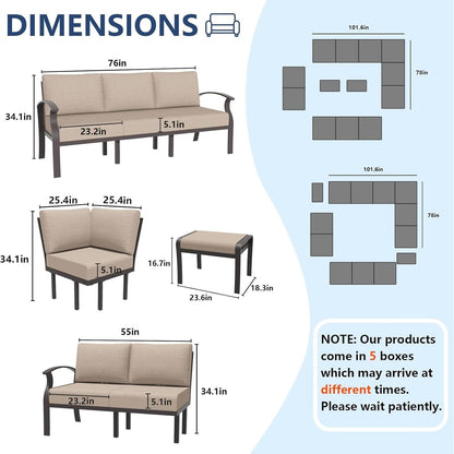 Set di divani angolari in alluminio, set di divani combinati per esterni da patio con braccioli e poggiapiedi
