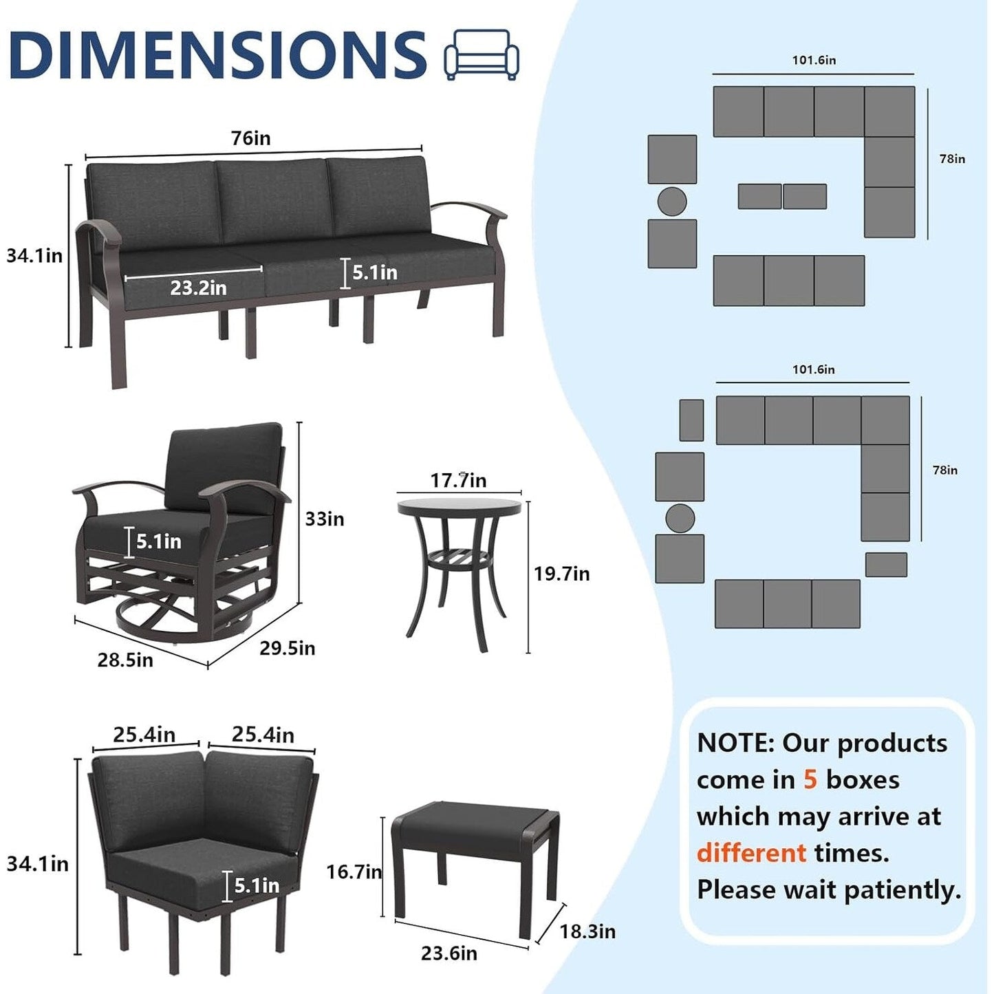 Set di divani angolari in alluminio, set di divani combinati per esterni da patio con braccioli e poggiapiedi
