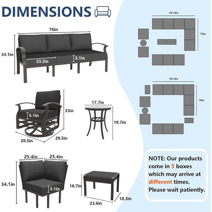 Set di divani angolari in alluminio, set di divani combinati per esterni da patio con braccioli e poggiapiedi