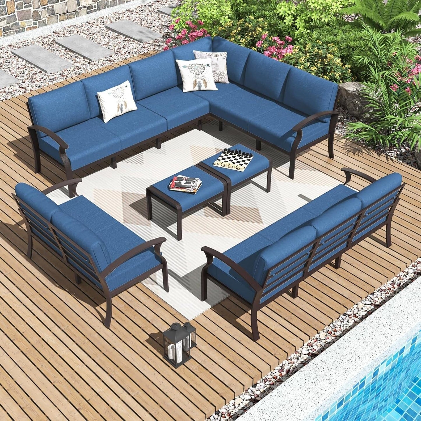 Set di divani angolari in alluminio, set di divani combinati per esterni da patio con braccioli e poggiapiedi