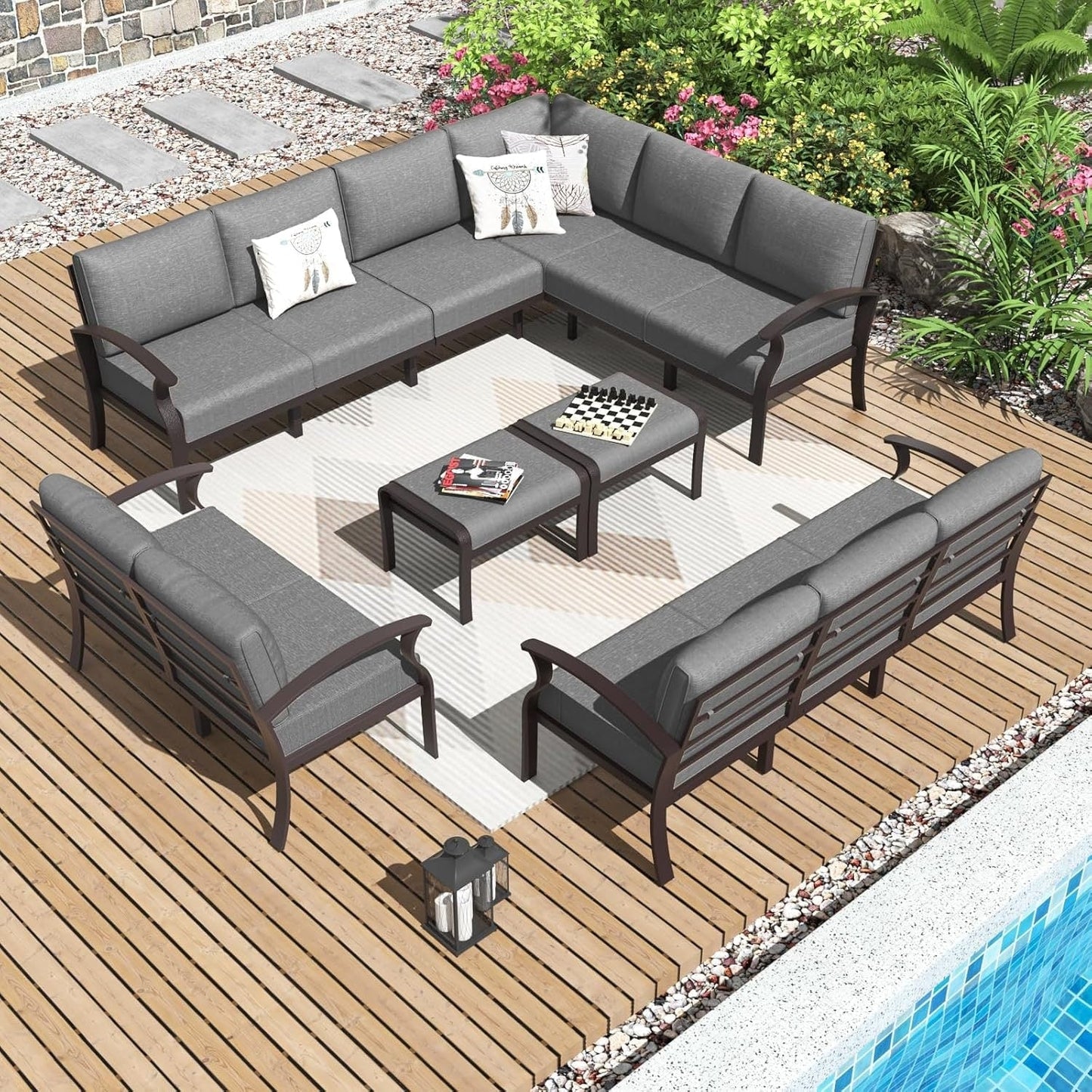 Set di divani angolari in alluminio, set di divani combinati per esterni da patio con braccioli e poggiapiedi