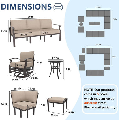 Set di divani angolari in alluminio, set di divani combinati per esterni da patio con braccioli e poggiapiedi