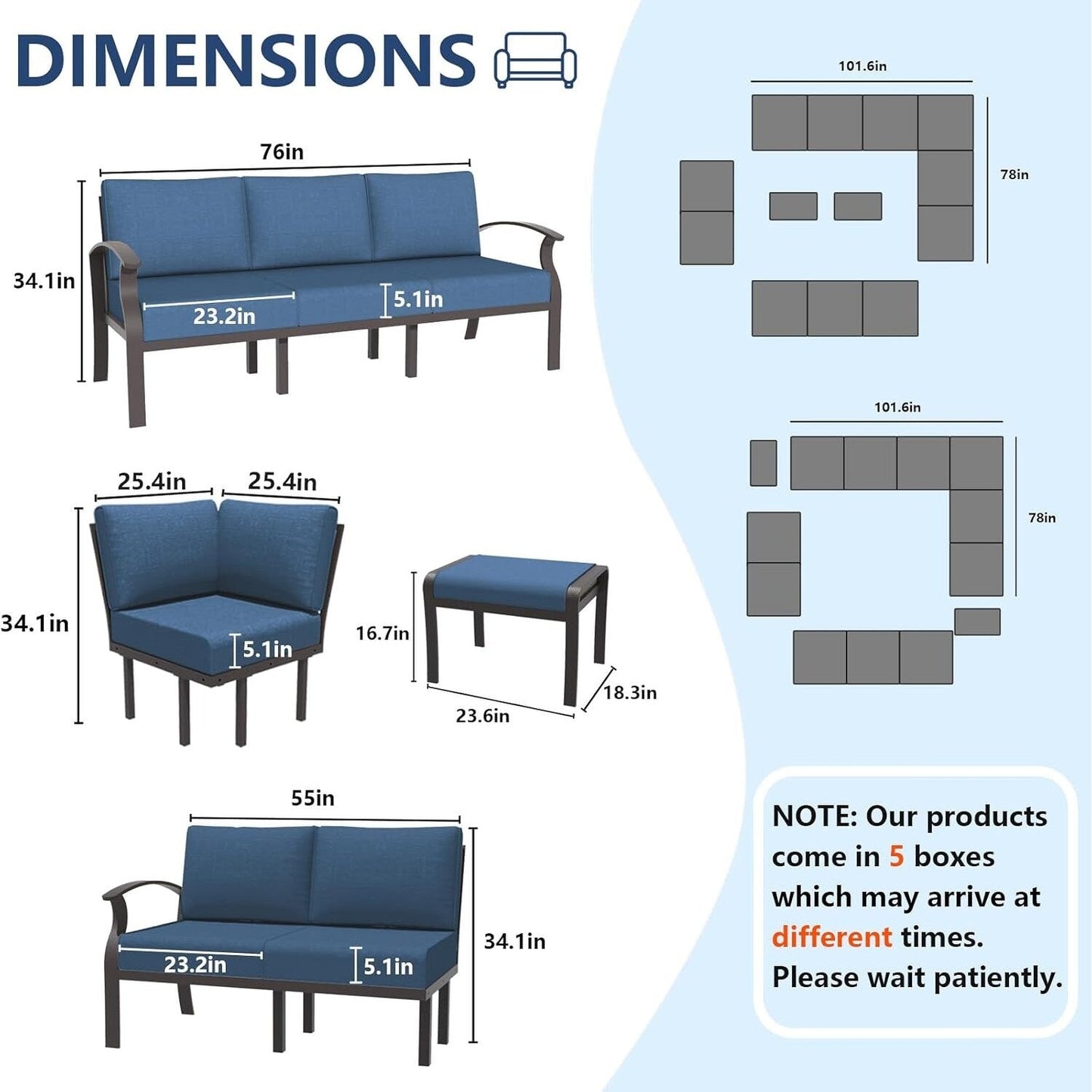 Set di divani angolari in alluminio, set di divani combinati per esterni da patio con braccioli e poggiapiedi