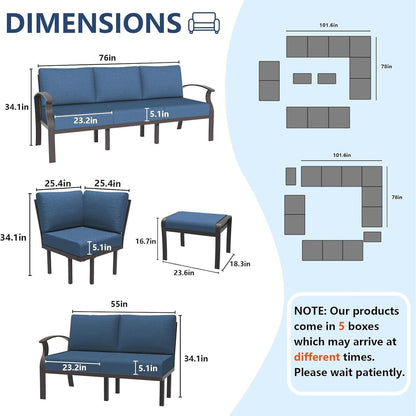 Set di divani angolari in alluminio, set di divani combinati per esterni da patio con braccioli e poggiapiedi