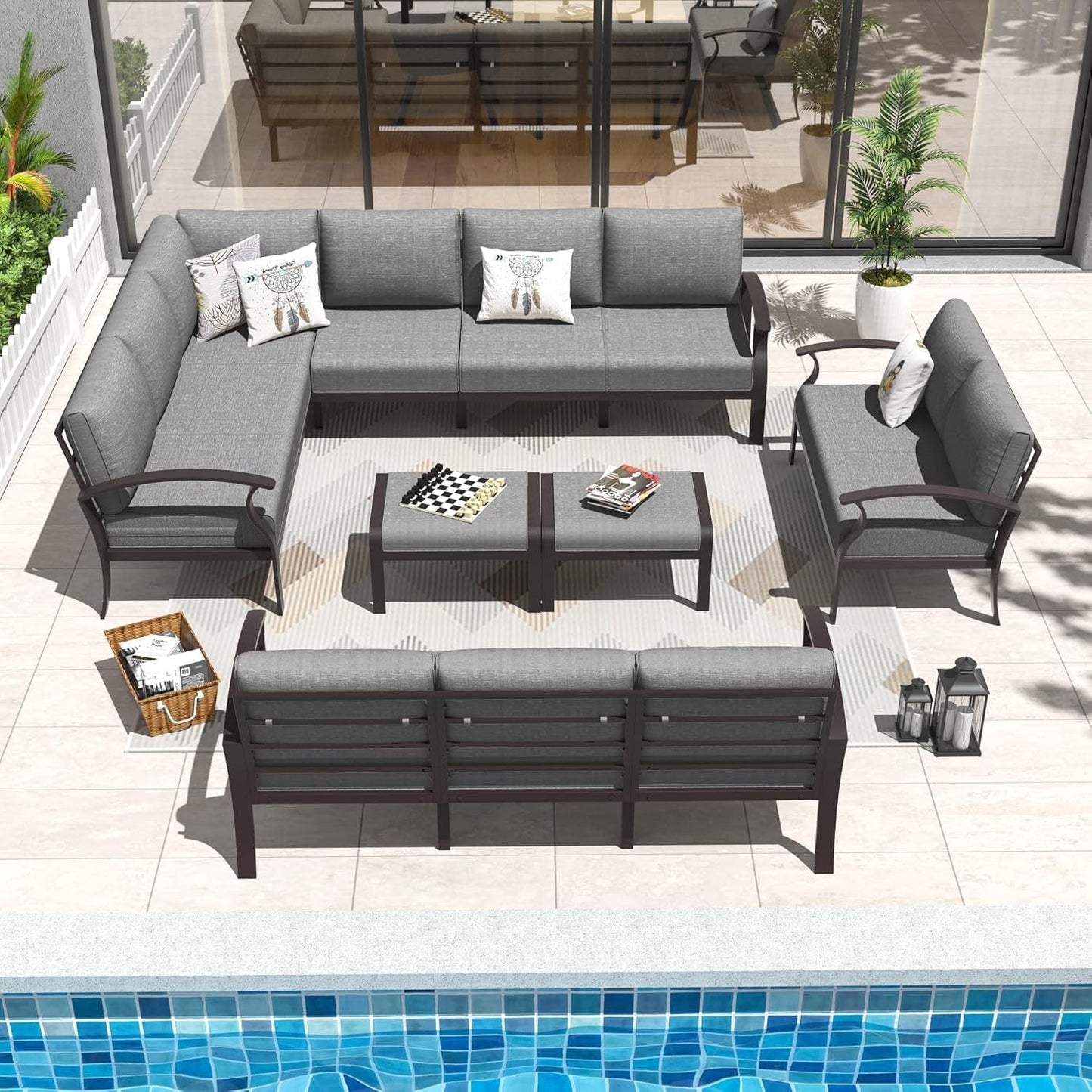 Set di divani angolari in alluminio, set di divani combinati per esterni da patio con braccioli e poggiapiedi