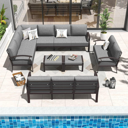 Set di divani angolari in alluminio, set di divani combinati per esterni da patio con braccioli e poggiapiedi