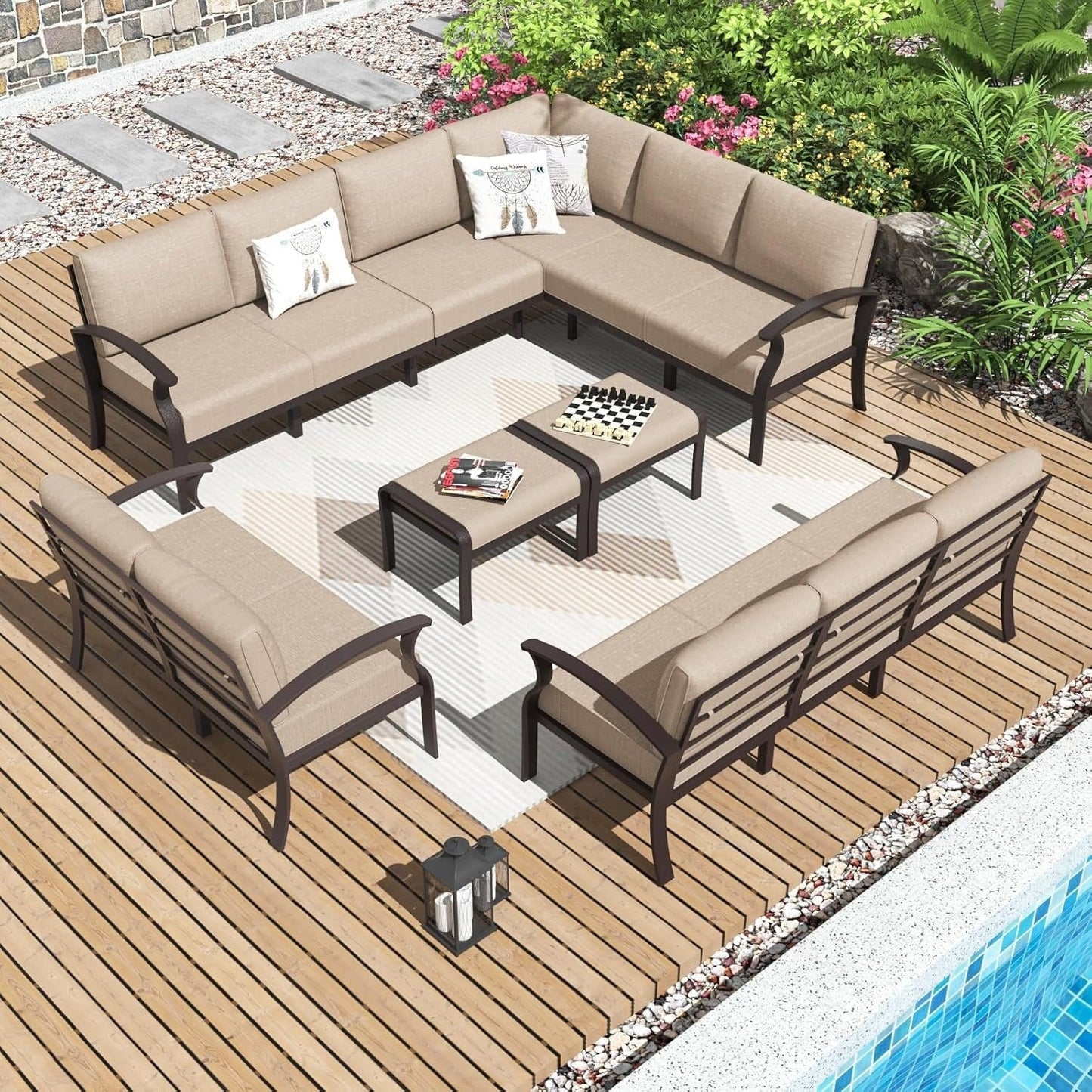 Set di divani angolari in alluminio, set di divani combinati per esterni da patio con braccioli e poggiapiedi