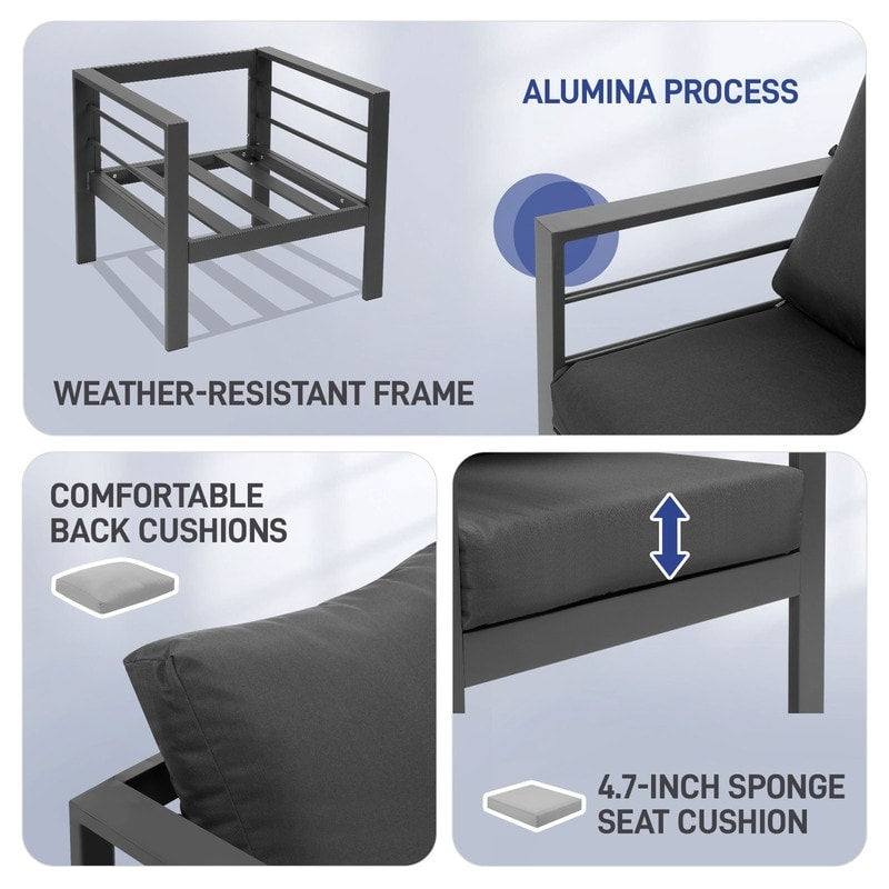 Set di mobili da giardino in alluminio, 4 pezzi, set da conversazione moderno per esterni, divano componibile