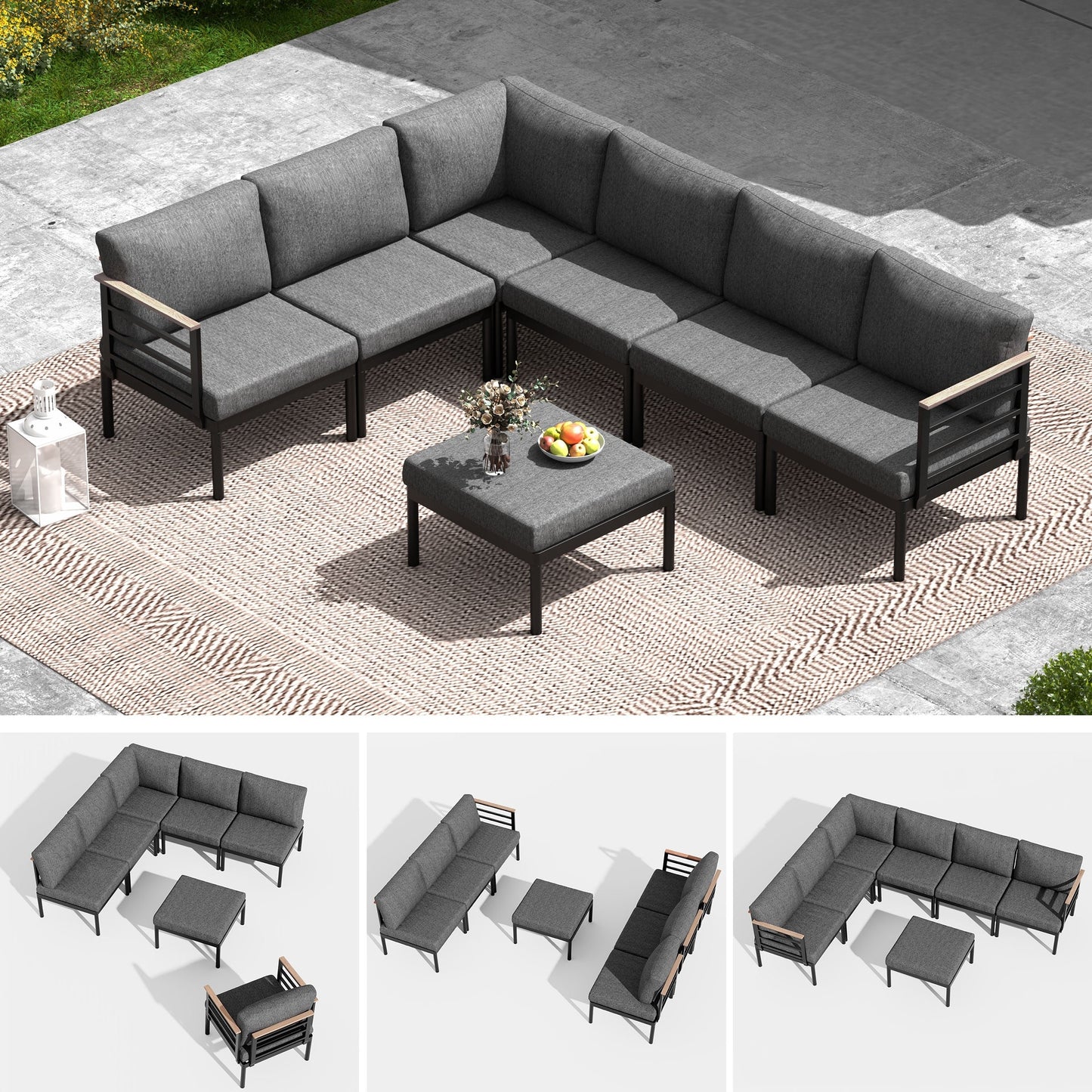 Set di mobili da giardino in alluminio da 6/7/8 pezzi, set di divani componibili per esterni moderni