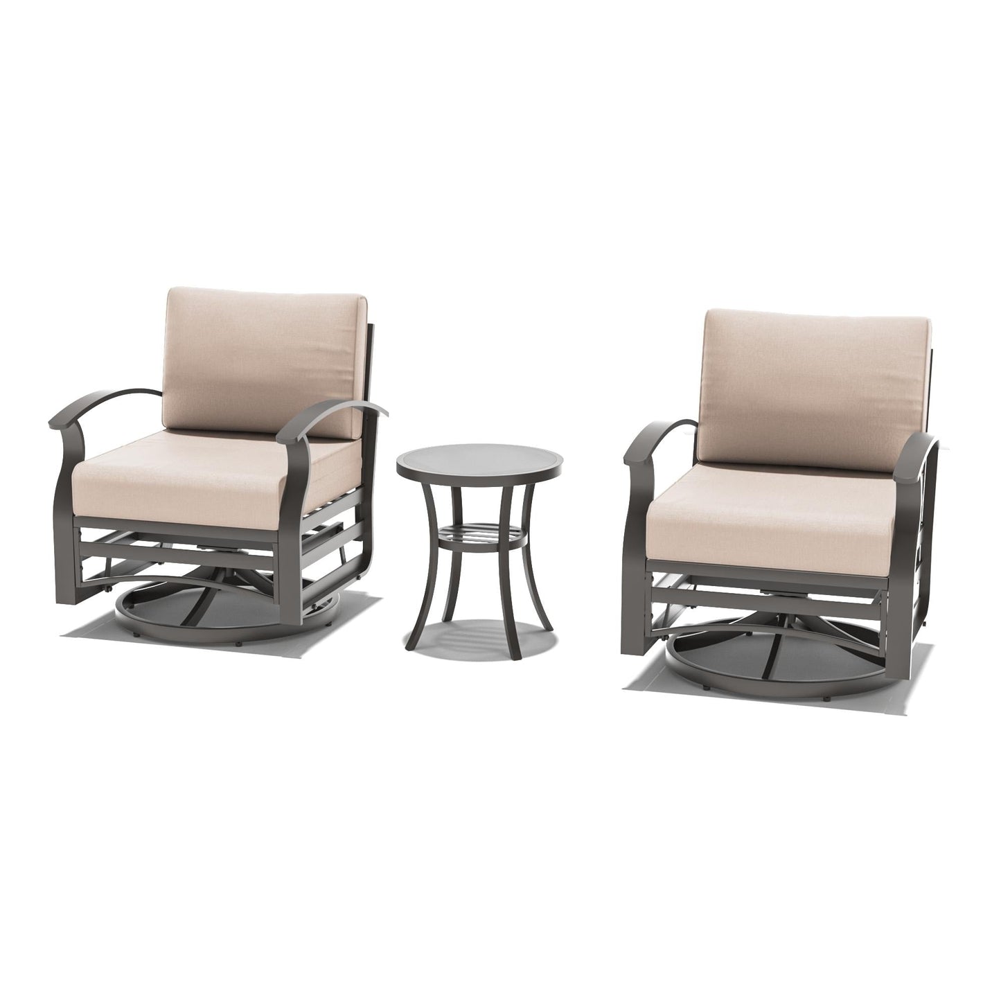 Set di mobili da giardino in alluminio con braciere, pouf, sedie girevoli, divano componibile con cuscini spessi per veranda e giardino