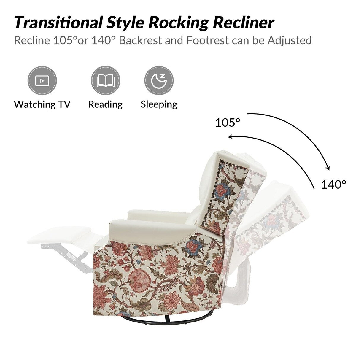 Poltrona reclinabile girevole Amelia Transitional in pelle PU con cuciture floreali di HULALA HOME