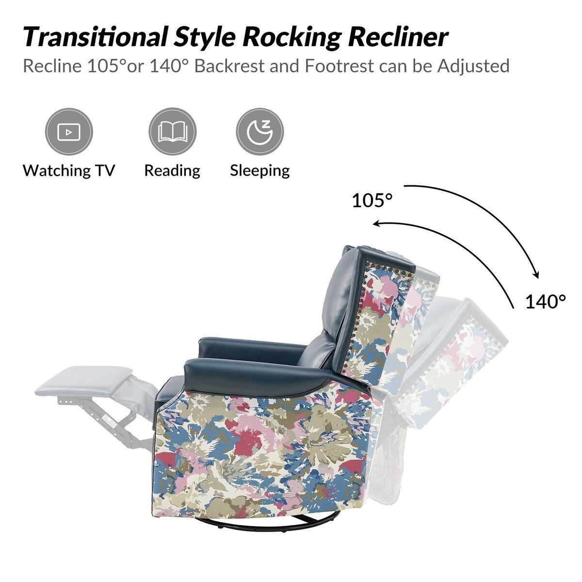 Poltrona reclinabile girevole Amelia Transitional in pelle PU con cuciture floreali di HULALA HOME