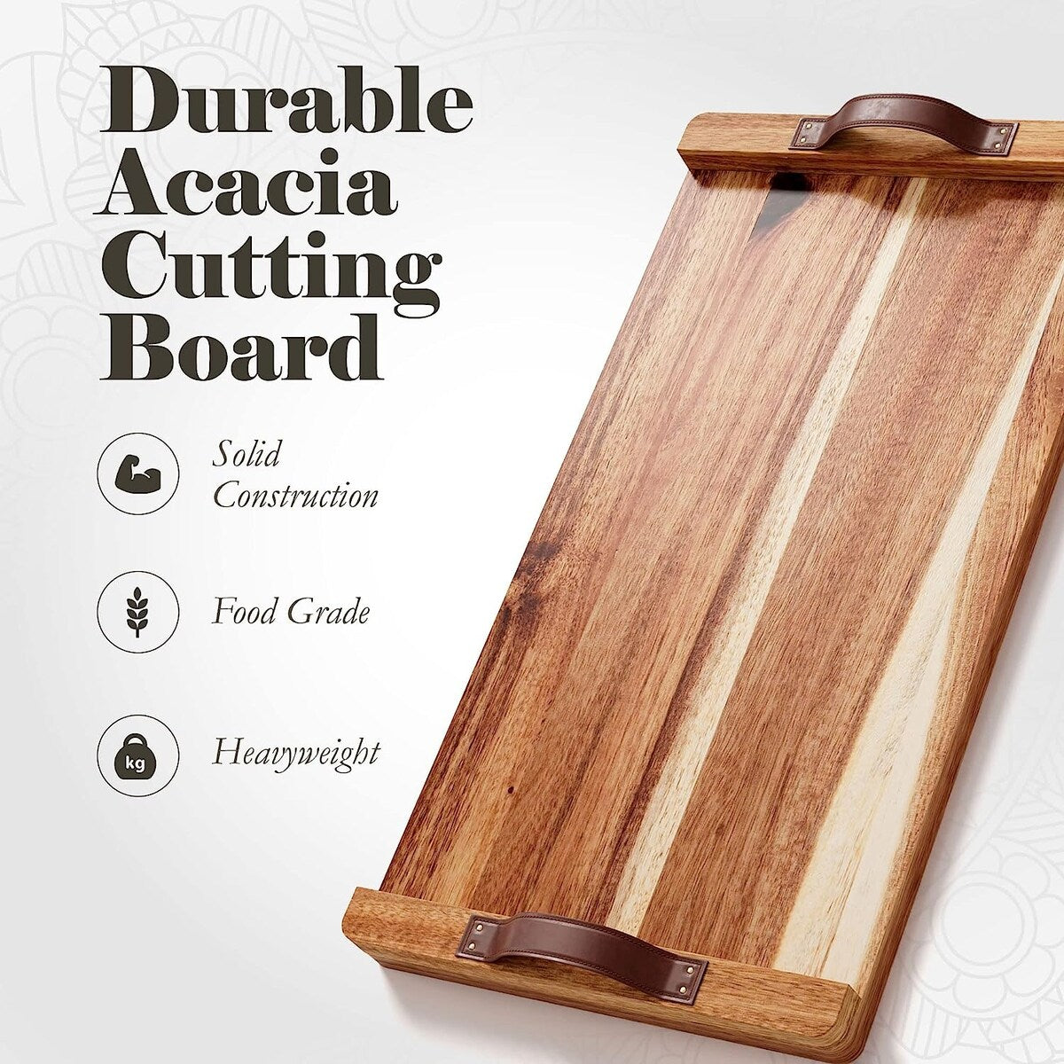 Vassoio rettangolare in legno di acacia American Atelier con manico in pelle - 18 x 9