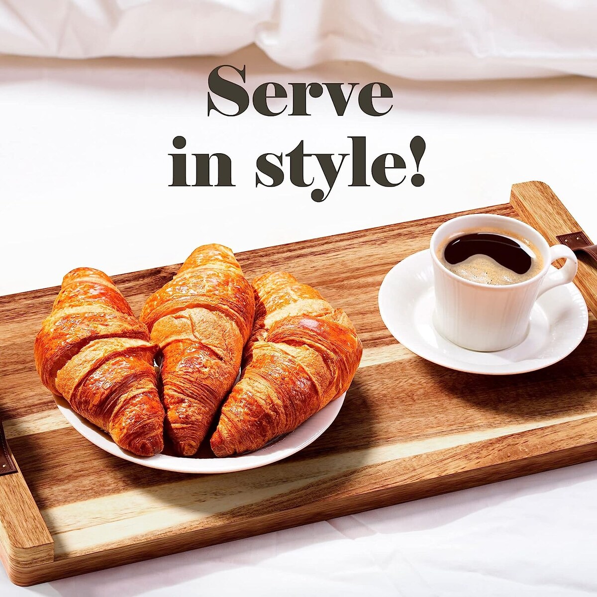 Vassoio rettangolare in legno di acacia American Atelier con manico in pelle - 18 x 9