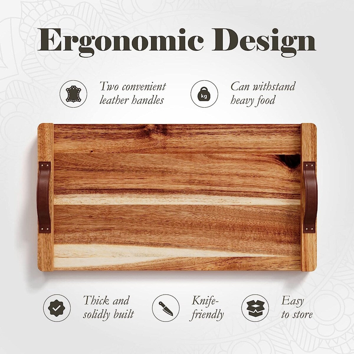 Vassoio rettangolare in legno di acacia American Atelier con manico in pelle - 18 x 9