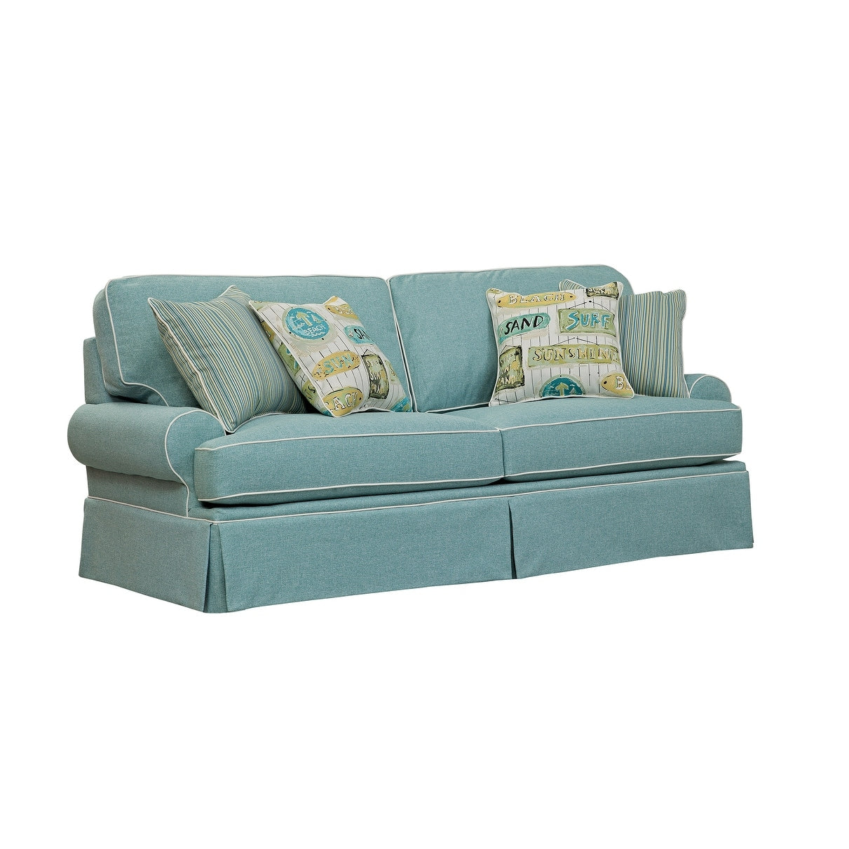 Divano modello Coastal Aqua Series di American Furniture Classics con quattro cuscini decorativi