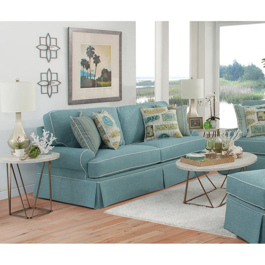 Divano modello Coastal Aqua Series di American Furniture Classics con quattro cuscini decorativi