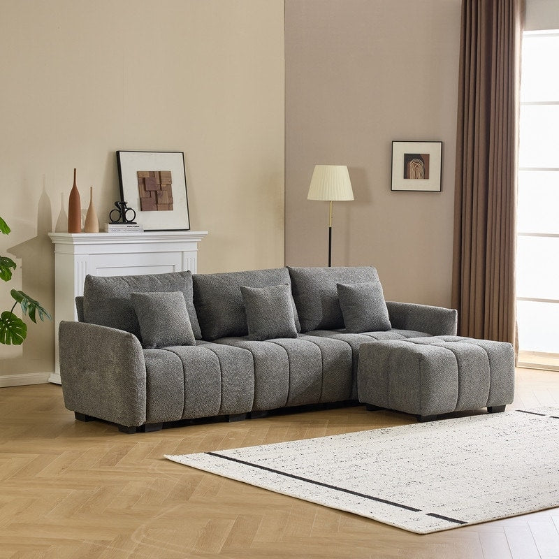 Divano americano in tessuto bouclé con pouf - 3 posti 1 pouf