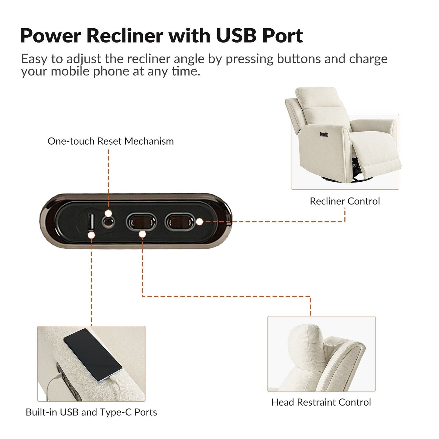 Poltrona reclinabile elettrica girevole e basculante Amin Contemporary con poggiatesta di HULALA HOME