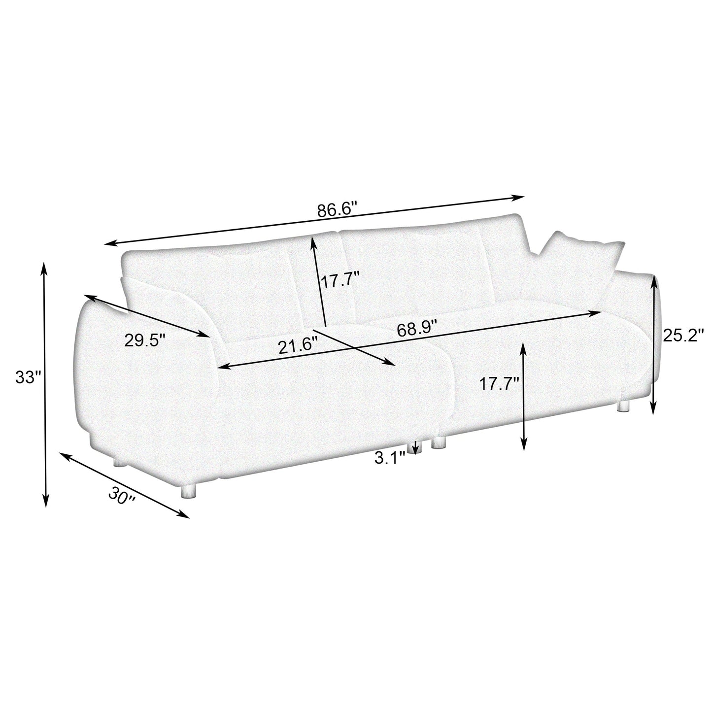 Un divano verde in lana teddy da 86,6 pollici con quattro cuscini e piedini in metallo che può stare comodamente in una camera da letto di un appartamento con