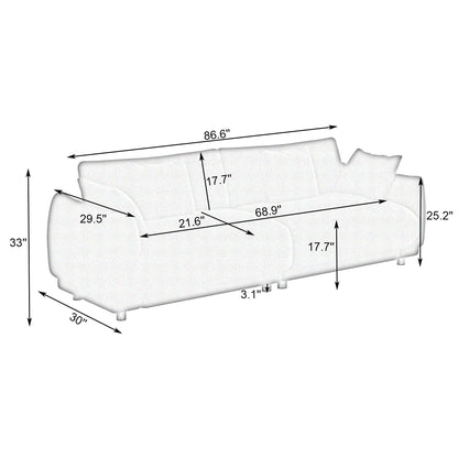 Un divano verde in lana teddy da 86,6 pollici con quattro cuscini e piedini in metallo che può stare comodamente in una camera da letto di un appartamento con