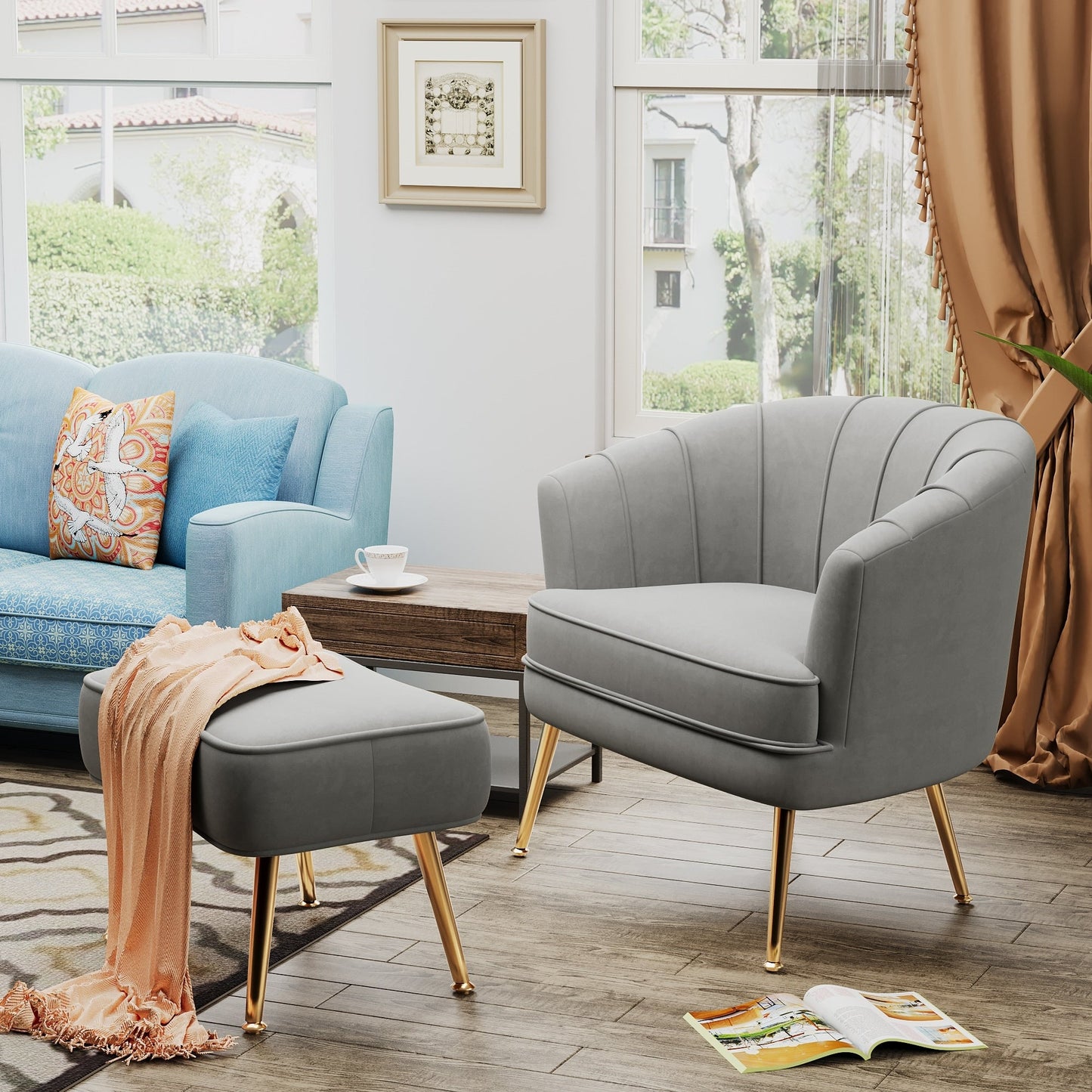 Poltrona Andeworld con poggiapiedi, poltrona laterale imbottita moderna singola, comoda poltrona da soggiorno Barrel Club