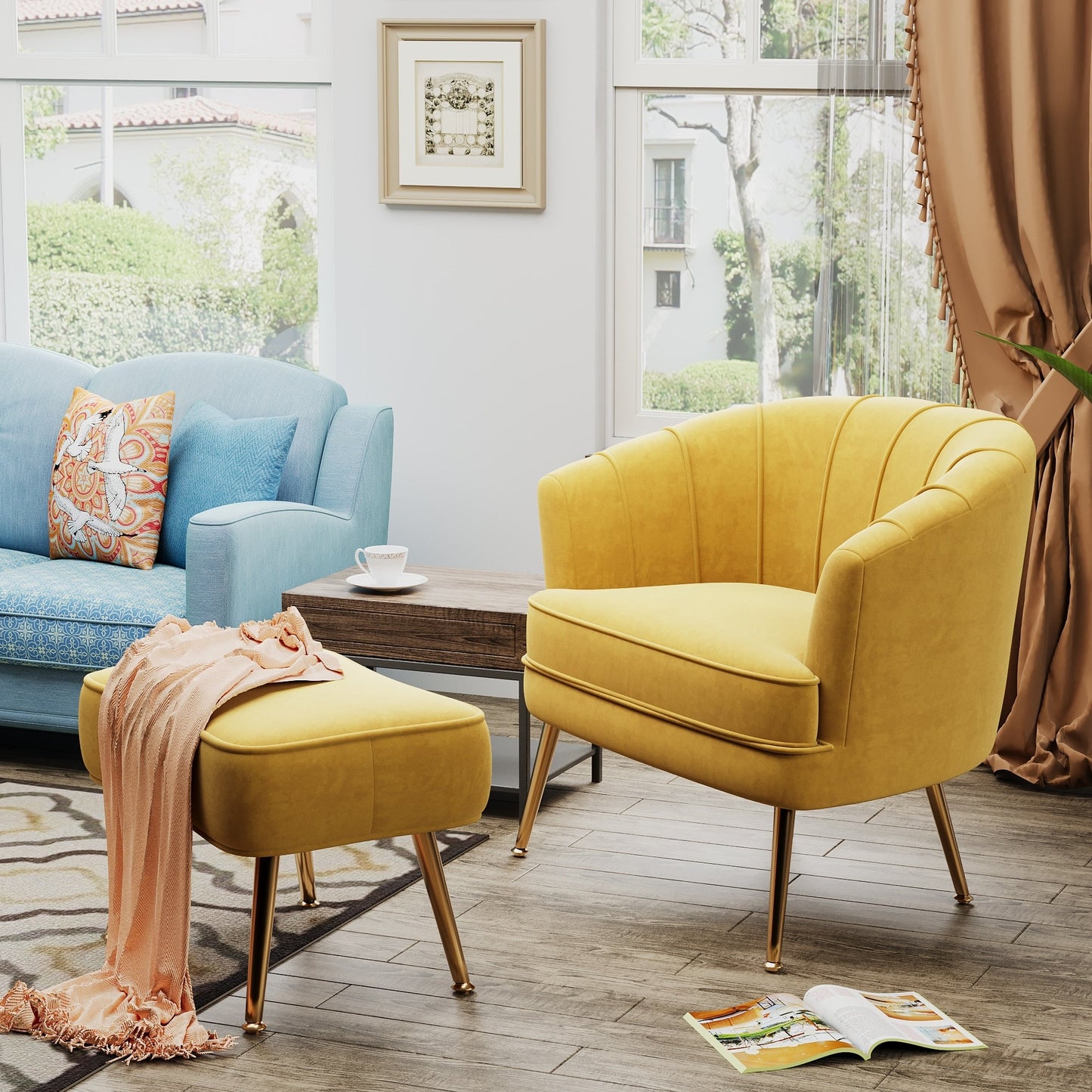 Poltrona Andeworld con poggiapiedi, poltrona laterale imbottita moderna singola, comoda poltrona da soggiorno Barrel Club