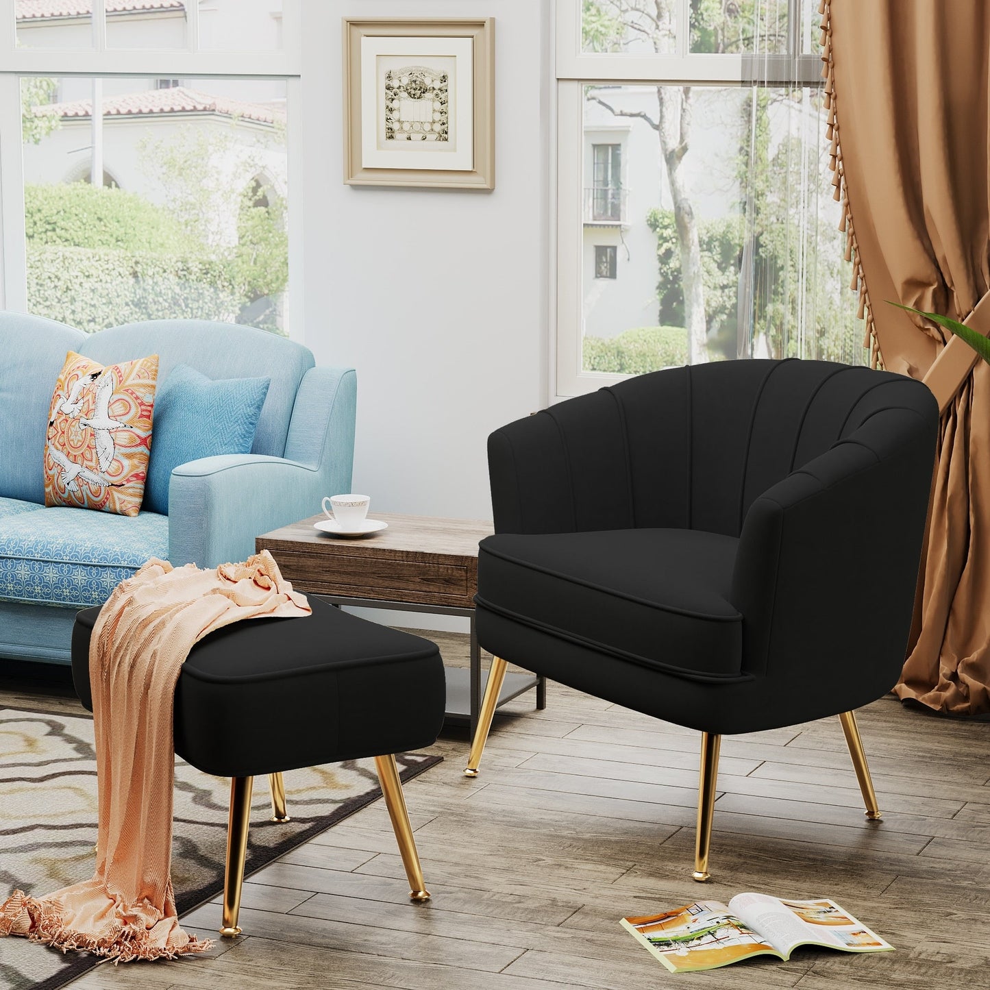 Poltrona Andeworld con poggiapiedi, poltrona laterale imbottita moderna singola, comoda poltrona da soggiorno Barrel Club