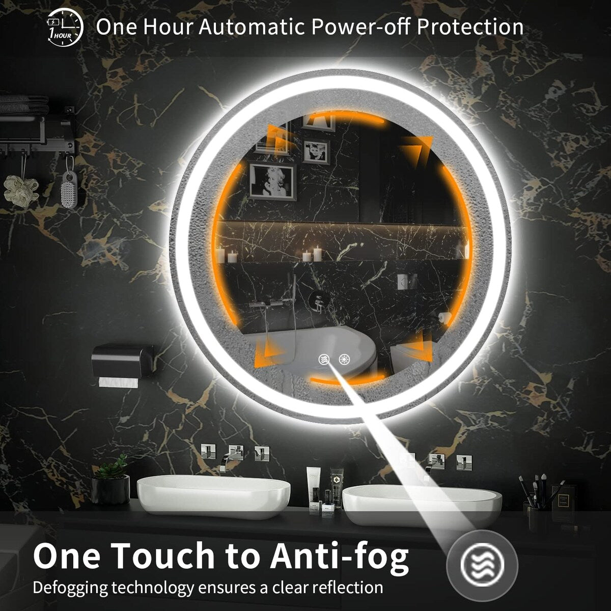 Specchio da toeletta arrotondato senza cornice, dimmerabile, antiappannamento e illuminato a LED