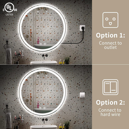 Specchio da toeletta arrotondato senza cornice, dimmerabile, antiappannamento e illuminato a LED